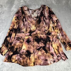 Torrid Blouse Womens 2‎ Purple Yellow Tie Dye Pleated Long Sleeve Stretch Top